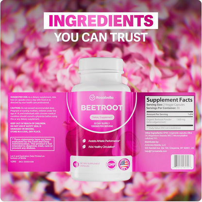 ROSABELLA ORGANIC BEET ROOT CAPSULES - 130OMG BEET RO0T POWDER AIDS HEALTHY CIRCULATION & VITALITY, NON- GMO, BEET ROOT SUPPLEMENT