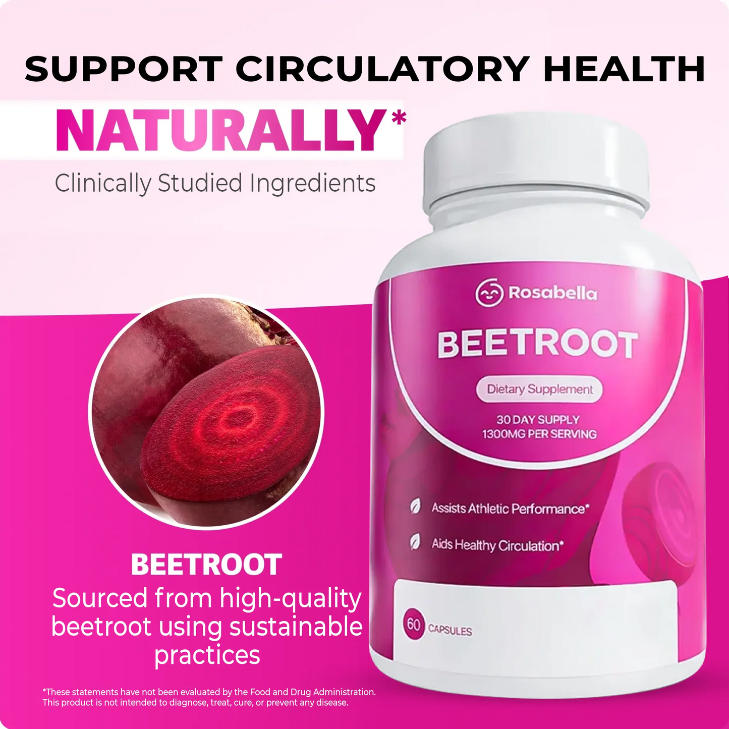 ROSABELLA ORGANIC BEET ROOT CAPSULES - 130OMG BEET RO0T POWDER AIDS HEALTHY CIRCULATION & VITALITY, NON- GMO, BEET ROOT SUPPLEMENT
