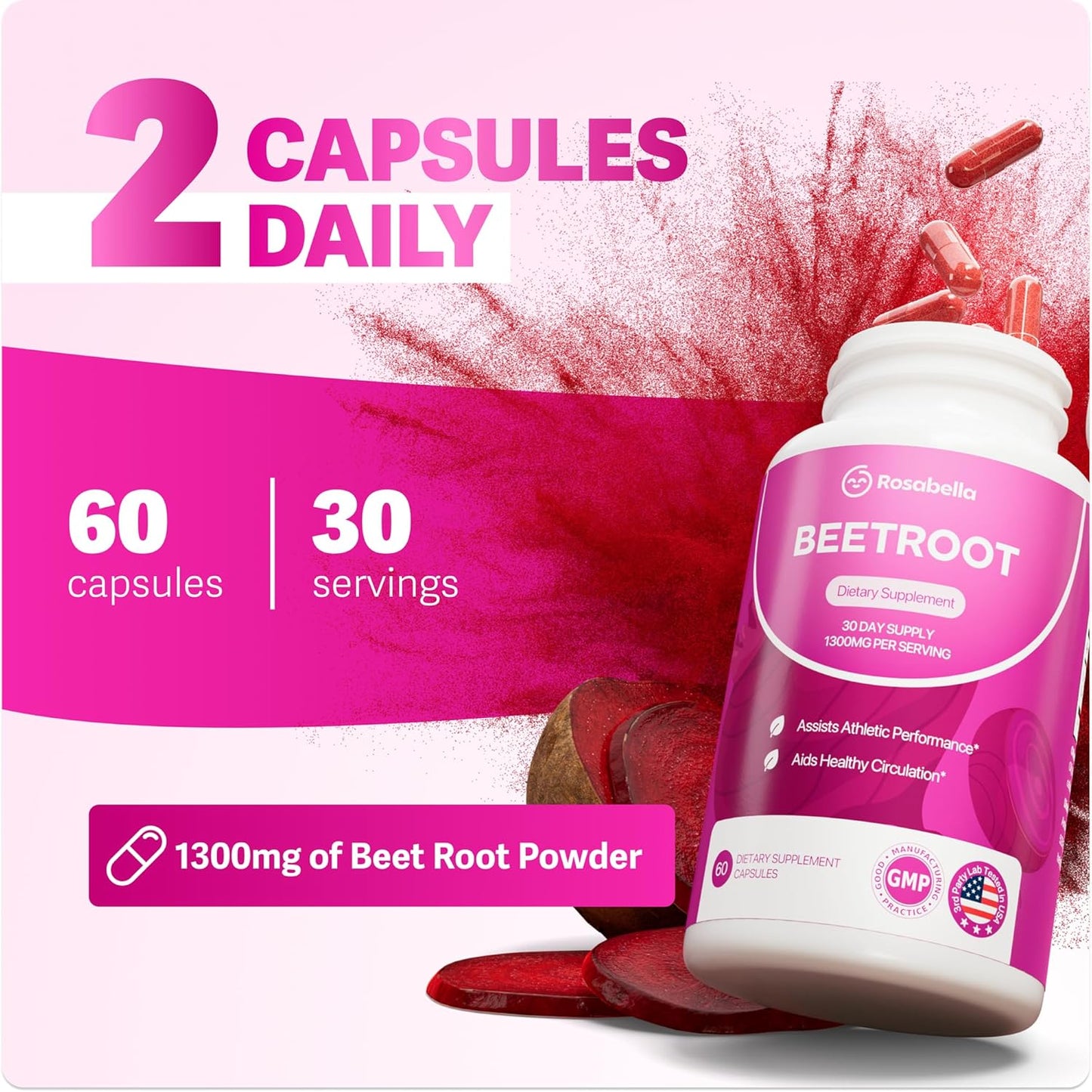 ROSABELLA ORGANIC BEET ROOT CAPSULES - 130OMG BEET RO0T POWDER AIDS HEALTHY CIRCULATION & VITALITY, NON- GMO, BEET ROOT SUPPLEMENT