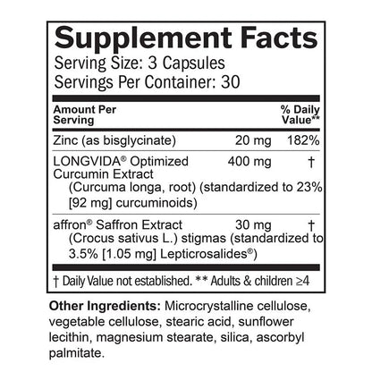 BRAINMD Dr Amen Happy Saffron Plus - 90 Capsules - with Saffron Flower Extract, Curcumin & Zinc - Vegan, Gluten Free - 30 Servings